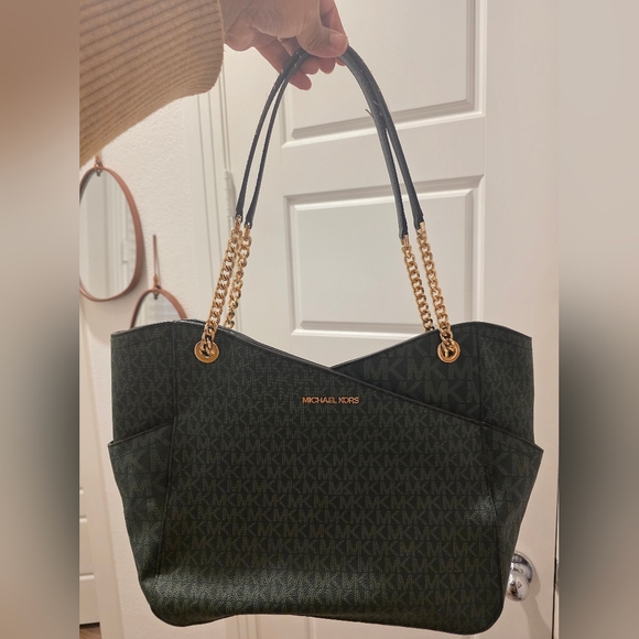 Michael Kors Dark Green Logo Chain-Handle Tote Jet Set Travel Large Signature - Picture 11 of 11